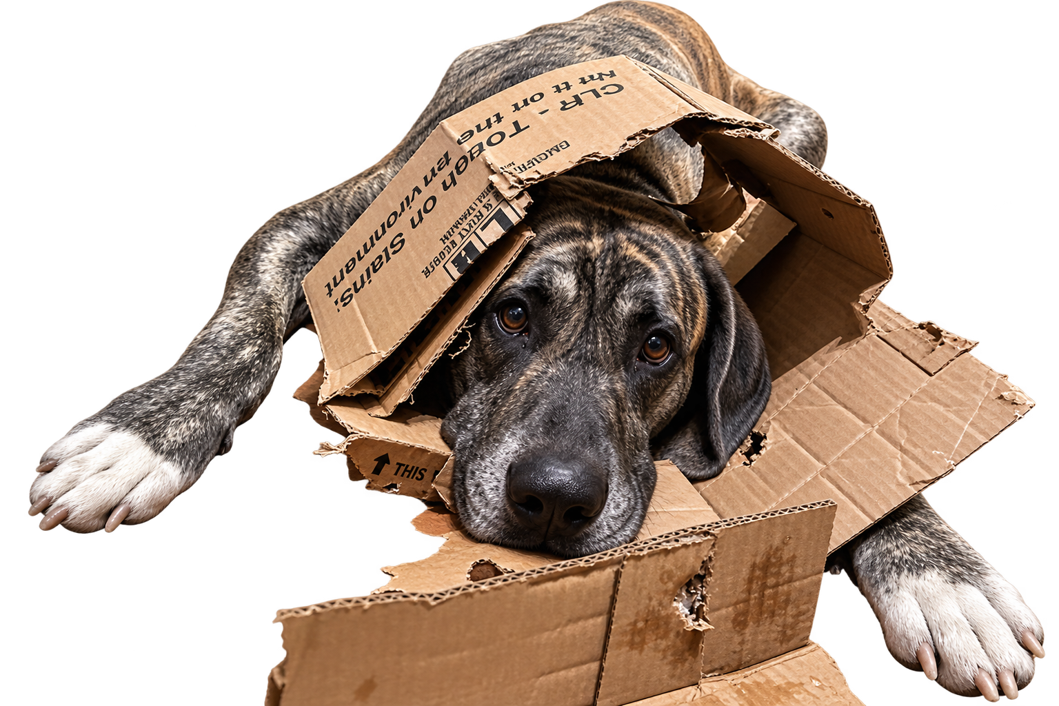 Tiger bursting through a thoroughly demolished cardboard box